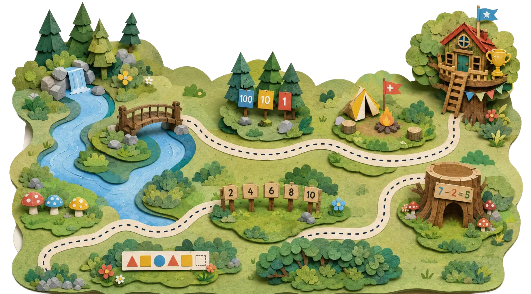 The Number Forest: a layered paper-craft map with a river, waterfall, wooden bridge, tent and campfire, hollow tree stump, and the Treehouse of Mastery, connected by a dashed trail.